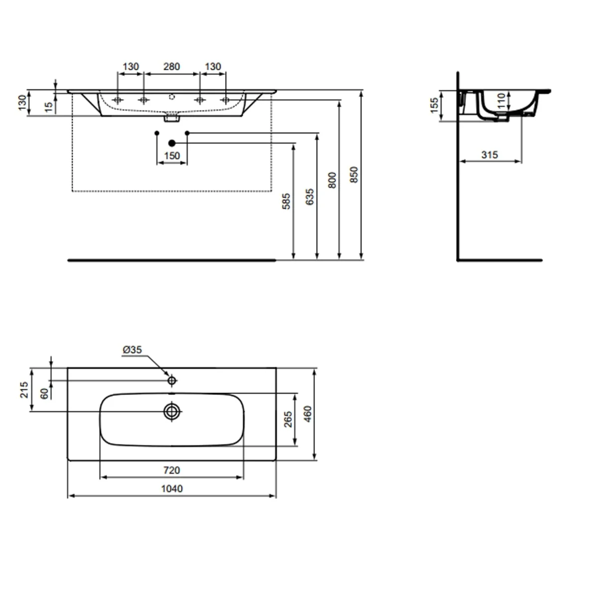 Lavabo top 104x46 cm con foro miscelatore Ideal Standard i.Life A - immagine 4