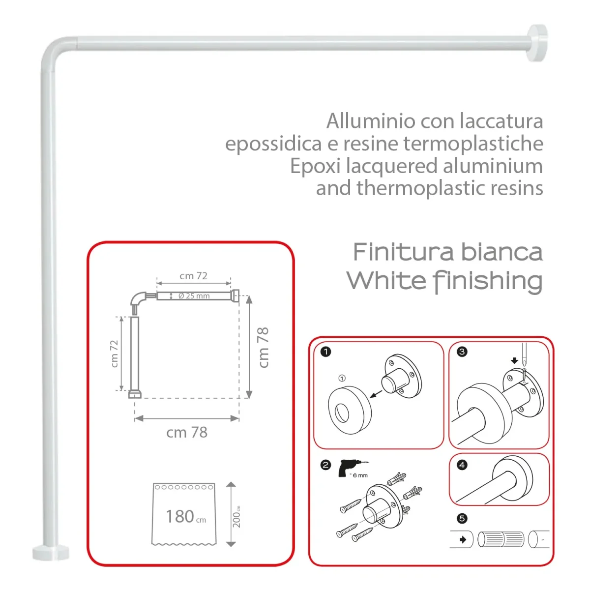 Asta doccia angolare in Alluminio Dimensioni 80x80 cm Gedy - Finitura bianca - immagine 6