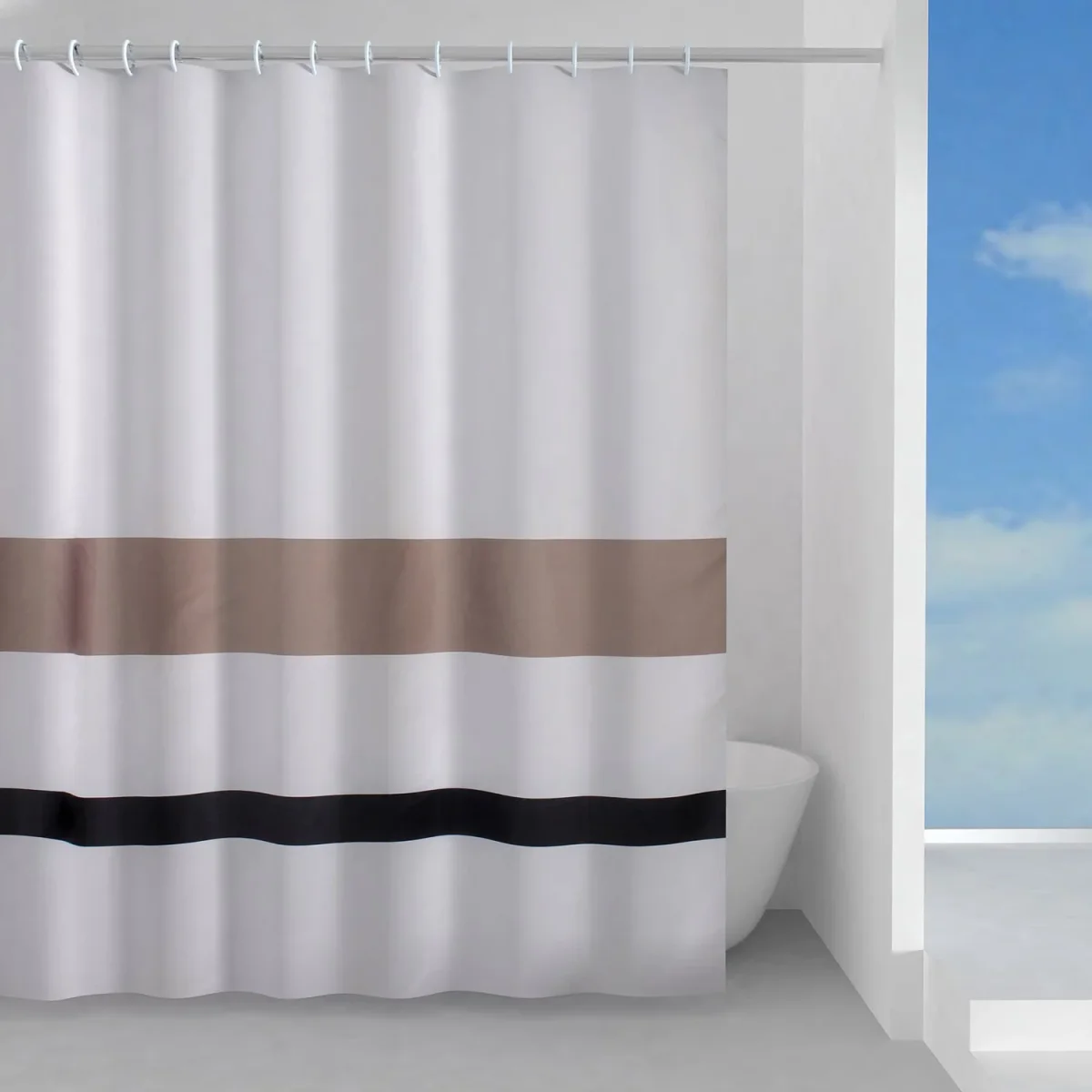 Tenda doccia in tessuto Misure 120×200 cm Collezione Living Gedy – Colore Beige, Bianco e Nero